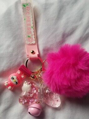 Pink Sanrio-Themed Fuzzy Pom Pom Keychain Charm with Cute Cheer Strap